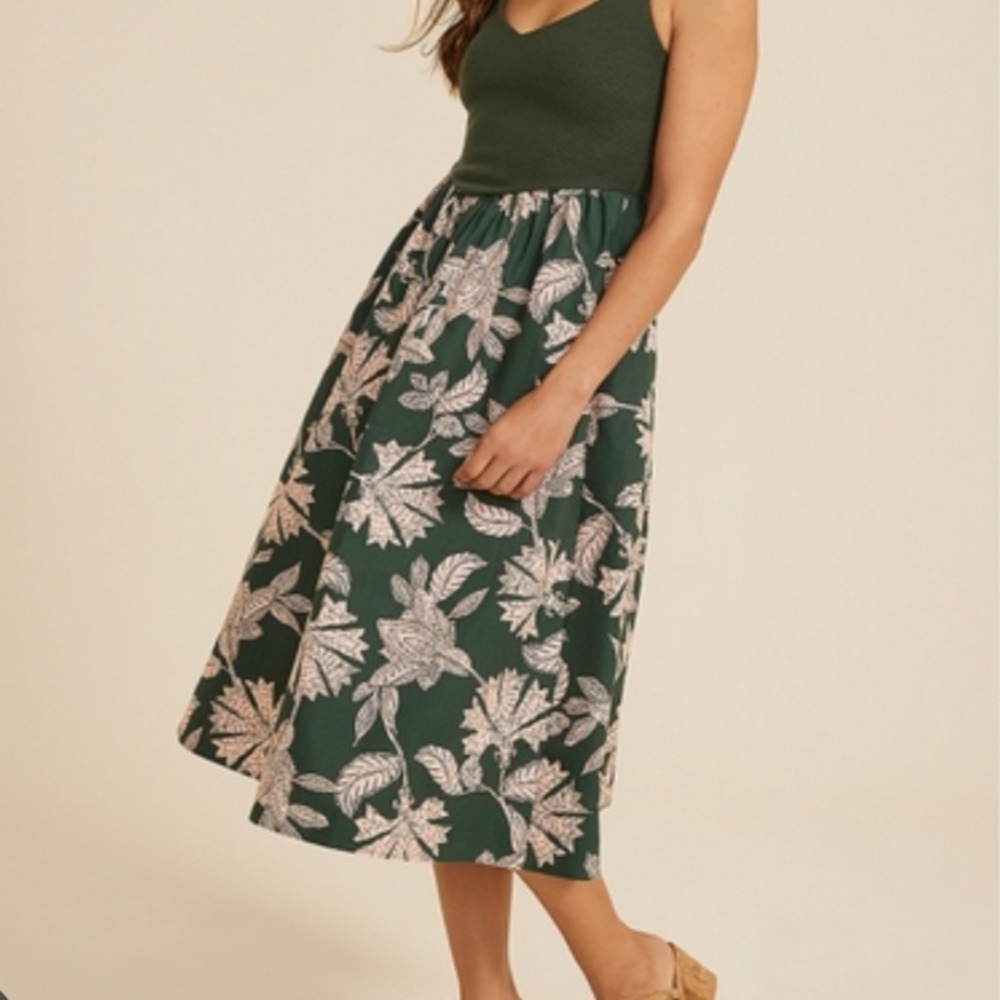 Maurices Drop Waist Forest Green And Beige Leaf Patterned Midi Dress Size M